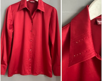 Vtg Satin Blouse Scarlet Red Polyester Rhinestone Ladies Shirt Shoulder Padded Collared Long Sleeve Button Up Top Elegant Party Retro Vibe M