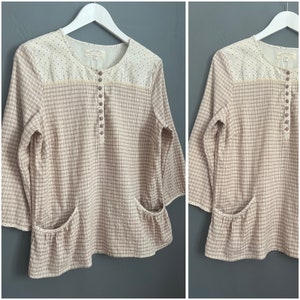 Vtg Noa Noa Top Patchwork Beige & Brown Ladies Shirt Crew Neck Half-Buttoned 3/4 Sleeve Front Pockets Blouse Summer Breathable Rustic Sz M-M