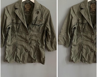 Vintage Linen Blazer Boho Chic Khaki Belt Loops Summer Rustic Retro Vibe M