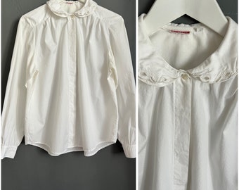 VTG 80er Jahre bestickte Kragen romantische Bluse weiße Baumwolle Damen Shirt Langarm Boxy Fit Button Up Top feminin Party Retro Vibe Größe M