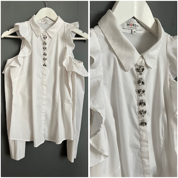 Vtg Y2K Morgan de Toi Cold Shoulders Blouse White… - image 1