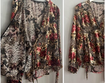 Vtg Zara Burn Out Velour Velvet Wrap Blouse Black Red Khaki White Translucent Viscose Ladies Shirt V-Neck Long Sleeve Front Tie Top Party M