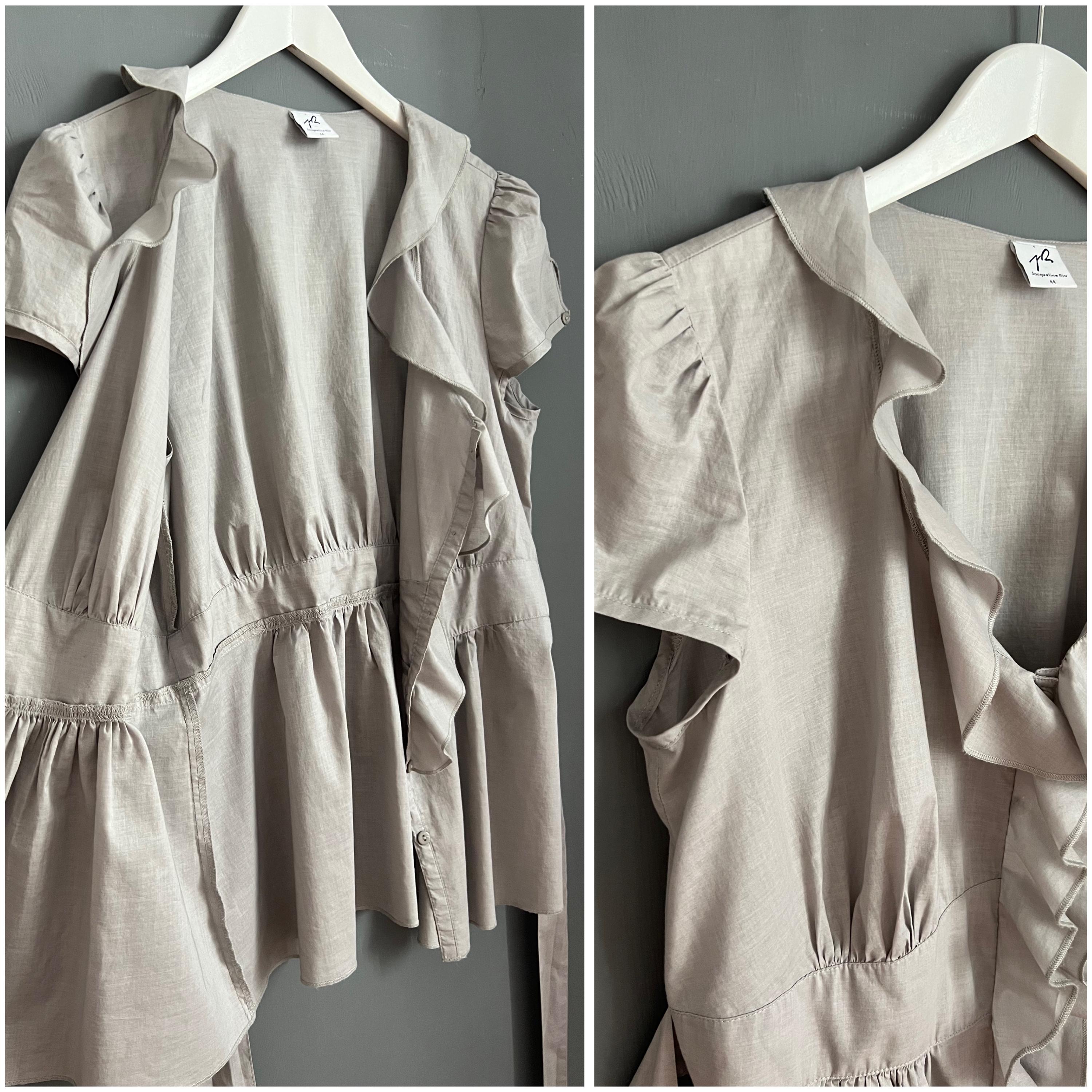 Vtg Jacqueline Riu Frill Blouse Gray Cotton Ladies Shirt V neck Short Puffed Sleeve Buttoned Tied Top Feminine Light Summer Breathable L XL Etsy UK