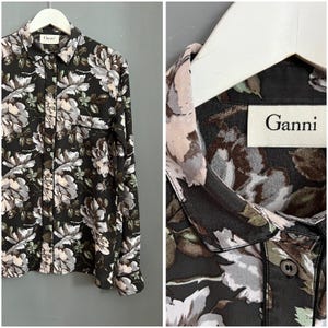 Ganni Sweet Blouse Graphite Gray Khaki Brown Beige White Mint Floral Print Ladies Shirt Collared Long Sleeve Button Up Top Casual Retro Sz M