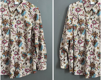 VTG Madeleine Sweet Chemisier à fleurs violet Marron Bleu kaki Blanc Coton Chemise pour femme avec col Manches longues Top boutonné Décontracté Taille XL