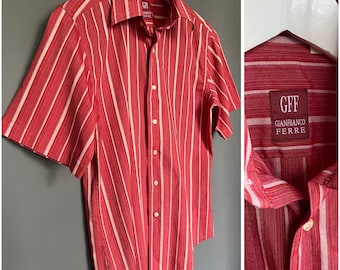 Vtg Gianfranco Ferre Sweet Striped Shirt Pink White Cotton Men’s Top Collared Button Up Short Sleeve Designer Retro Vibe Gift for Him M