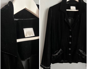 Vtg ZOE California Velour Blazer  Black Beads & Sequins Trim Buttoned Front Pockets Long Sleeve Jacket Evening Party Elegant Retro Vibe Sz M