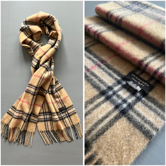 Authentic Burberry Cashmere Scarf Camel Plaid Whi… - image 1
