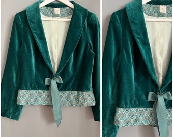 Vintage Noa Noa Velour Silk Jacket Emerald Green Deep V-Neck Rolled Collar Strap Fastening Velvet Blazer Party Evening Elegant Boho Size M