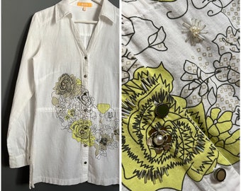 Vintage BIBA Flower Design Blouse White Light Green Beige Black Linen Cotton Beads Enamel Buttons Shirt Waist Drawstring Side Slits Tunic M