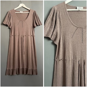 Vtg Noa Noa Midi Dress Knitted All Cotton Brown Dress Short Sleeve Waist Drawstring Scoop Neckline Resort Boho Retro Vibe Breathable M-L
