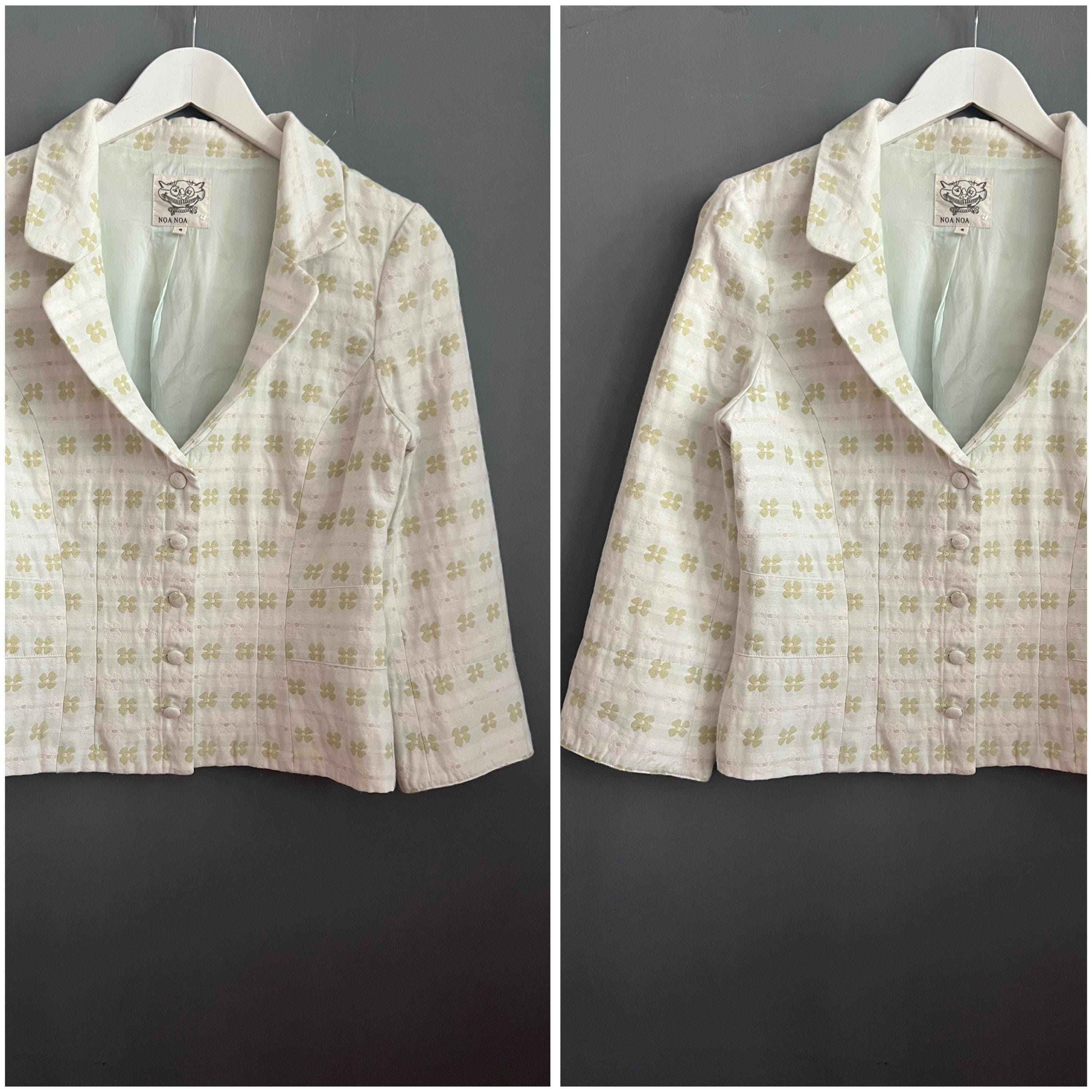 Vtg Noa Noa Sweet Ladies Blazer White Dusty Green Cotton Floral