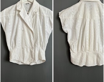 Vtg All Embroidered Blouse Spengler Mode White Cotton Women’s Shirt Sleeveless Buttoned Relaxed Boxy Fit Top Summer Breathable Retro Vibe M