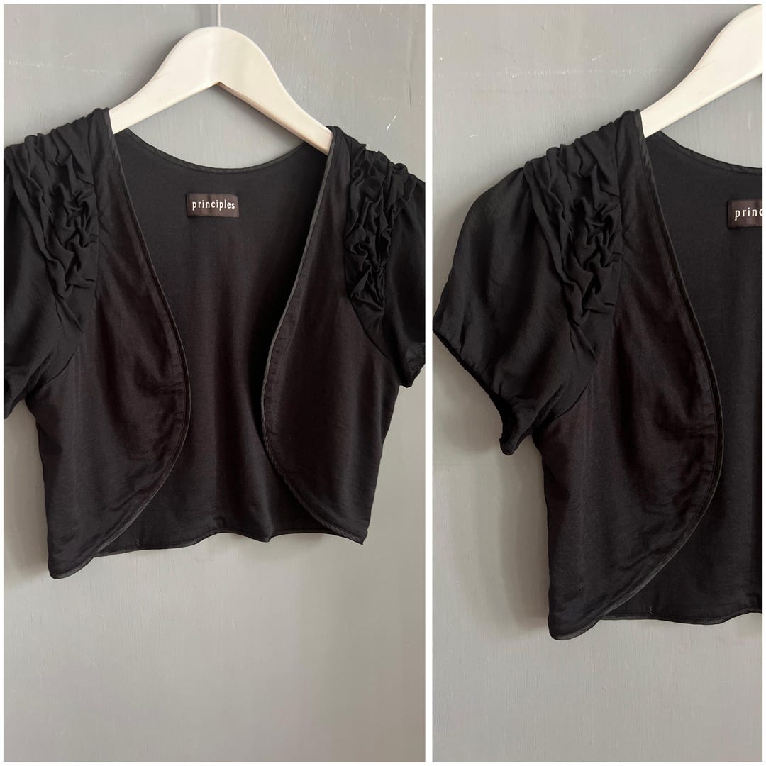 Vtg Sweet Romantic Silk Bolero Black Knitted Crop Top Short Sleeve