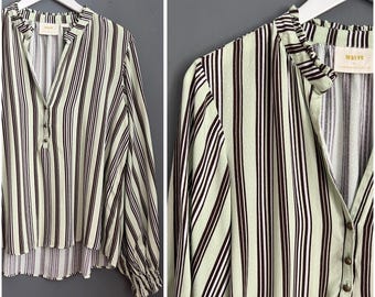 Vtg Maeve by Anthropologie Blouse Mint Green White Brown Striped All Viscose Ladies Shirt Split Neck 1/3 Long Buttoned Sleeve Top Relaxed L