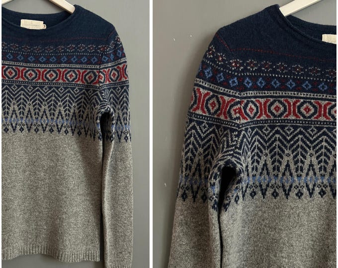 Vtg 100% Wool Fair Isle Aztec Pattern Sweater Gray Blue Red Knitted ...