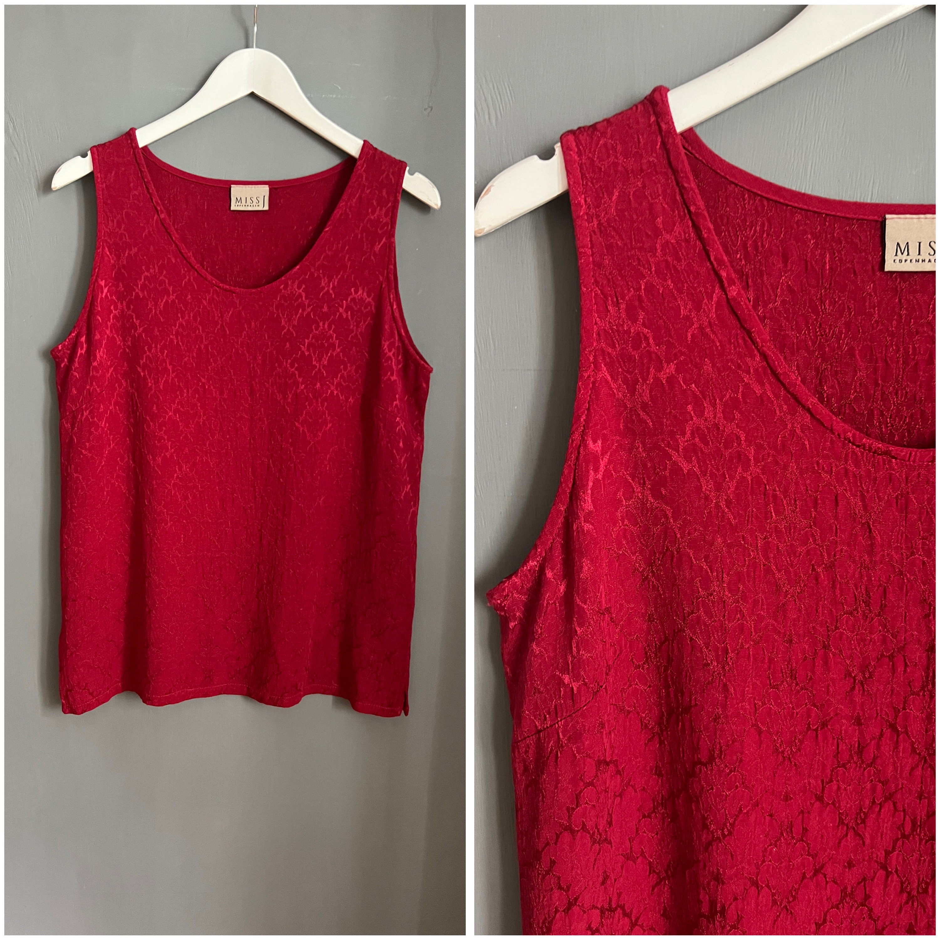 Vtg Miss J Copenhagen Blouse Cherry Red All Embroidered