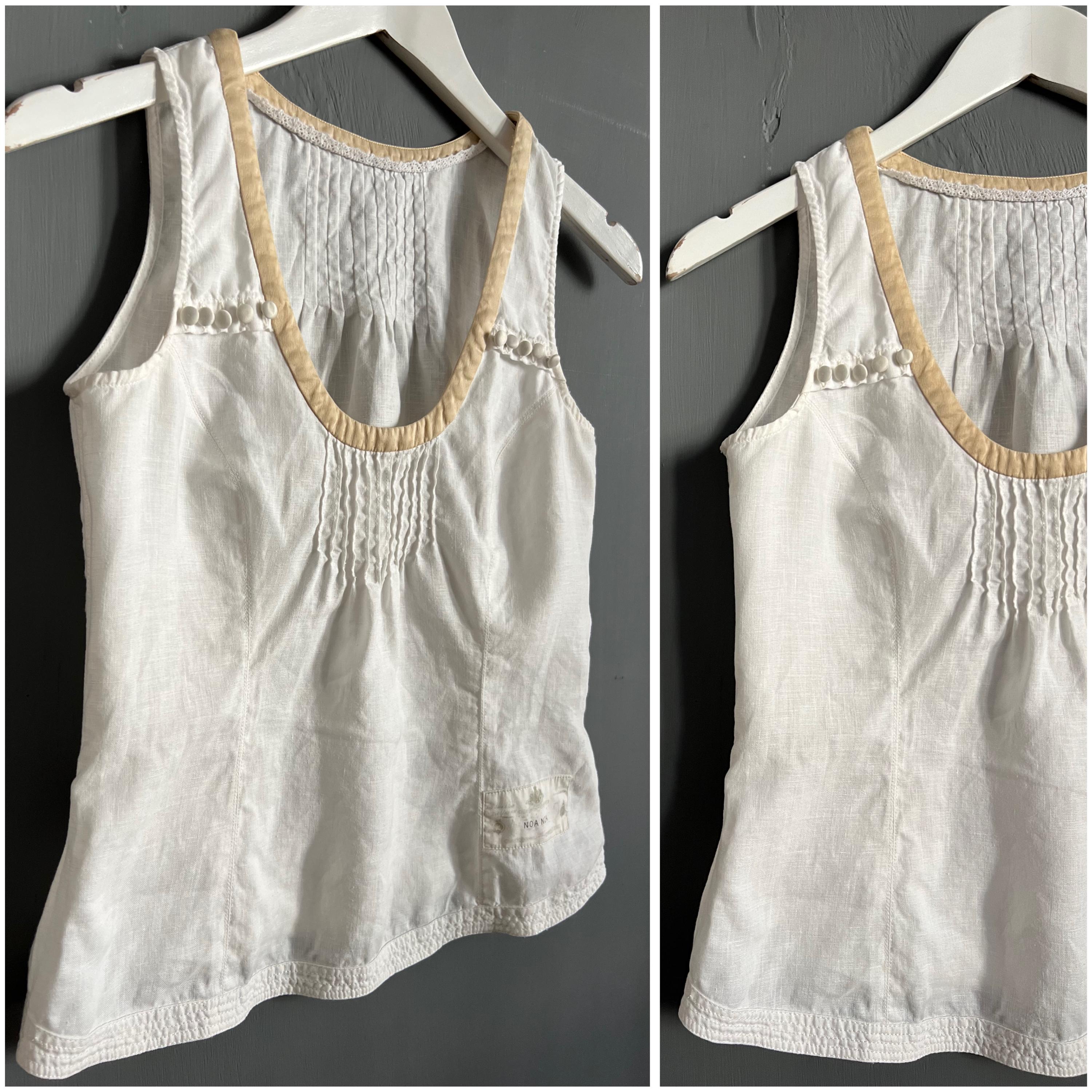 Vtg Noa Noa Linen Top White Beige Ladies Shirt Scoop Neck