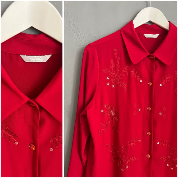 Marks & Spencer, Vtg Marks & Spencer Embroidered Blouse Vibrant Red Polyester Sequins Ladies Shirt Long Sleeve Collared Button Up Top Feminine Retro Sz M-L