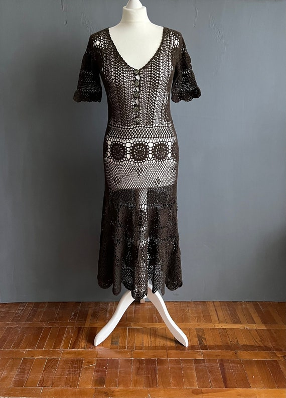 Vintage Noa Noa Hand Crocheted Dress, Bohemian Chocolate Brown Knitted See  Through Midi Maxi Dress, Sexy Great Gatsby Dandy Dress, Size S-M - Etsy