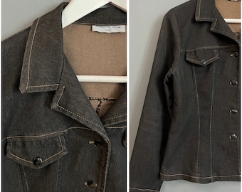 VTG Y2K Renato Bene Paris Veste en jean en coton mélangé noir et marron Blazer pour femme Taille col camp boutonné Fabriqué en France Ambiance rétro Sz M