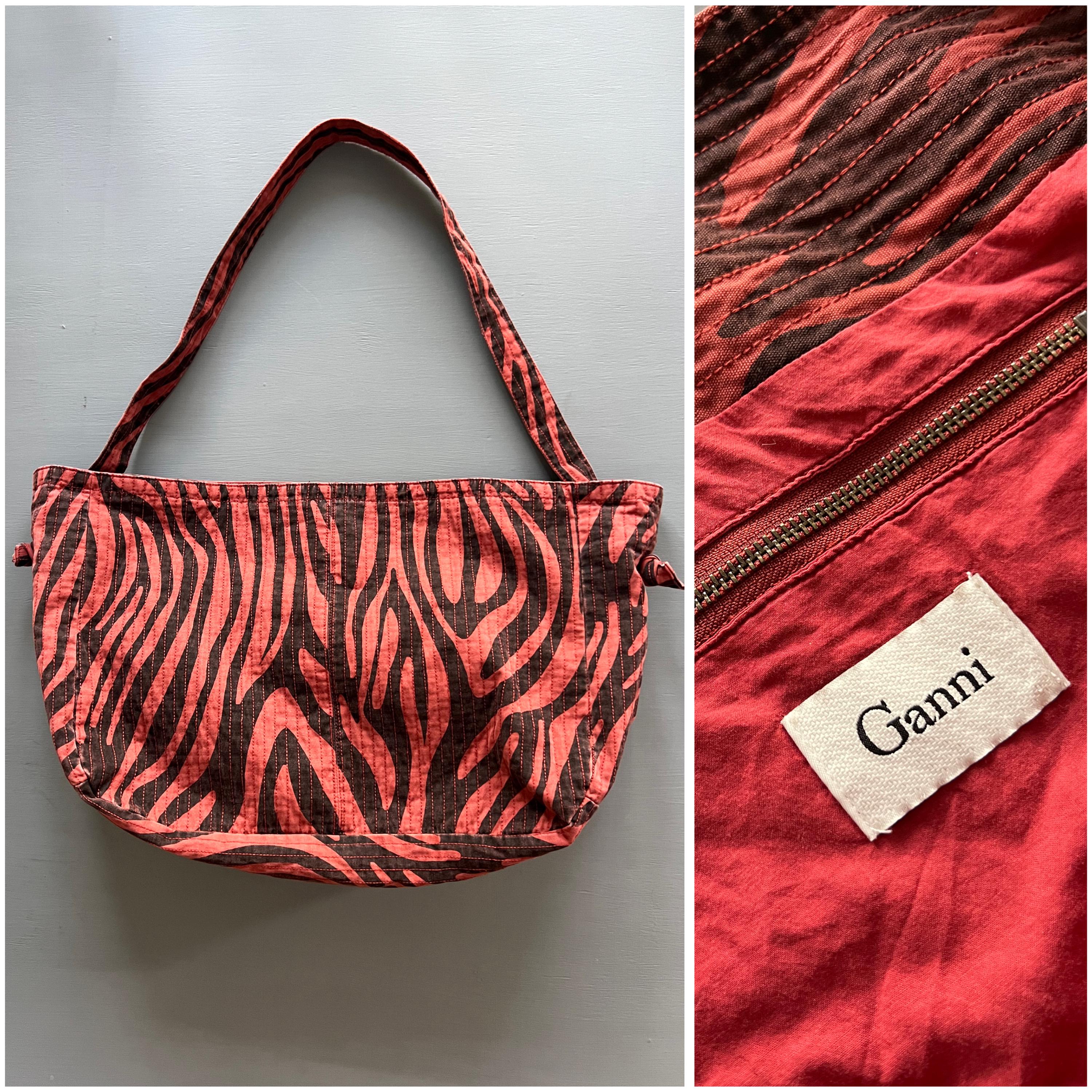 Ganni Tote Bag Orange Black Zebra Print Quilted Cotton Big