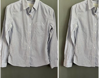 Bluzka VTG Sweet w paski, niebiesko-biała, bawełniana, damska, z kołnierzykiem, zapinana na guziki, z długim rękawem, z jedną kieszenią na piersi, swobodna, retro, prezent dla niej