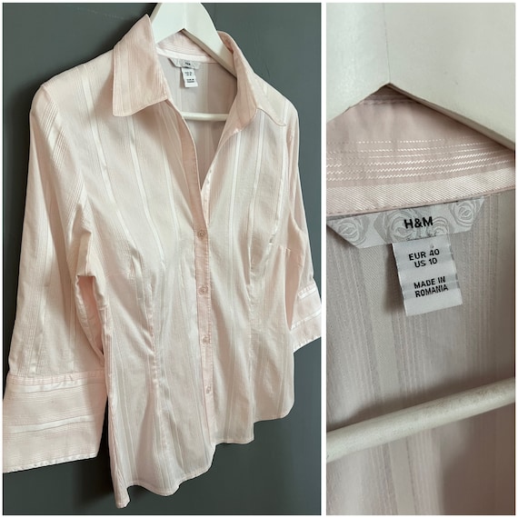Vintage des annees 2000 H M chemisier rose layette raye en melange de coton tissu brillant chemise col boutonne taille manches 3 4 ambiance retro haut taille M L Etsy France