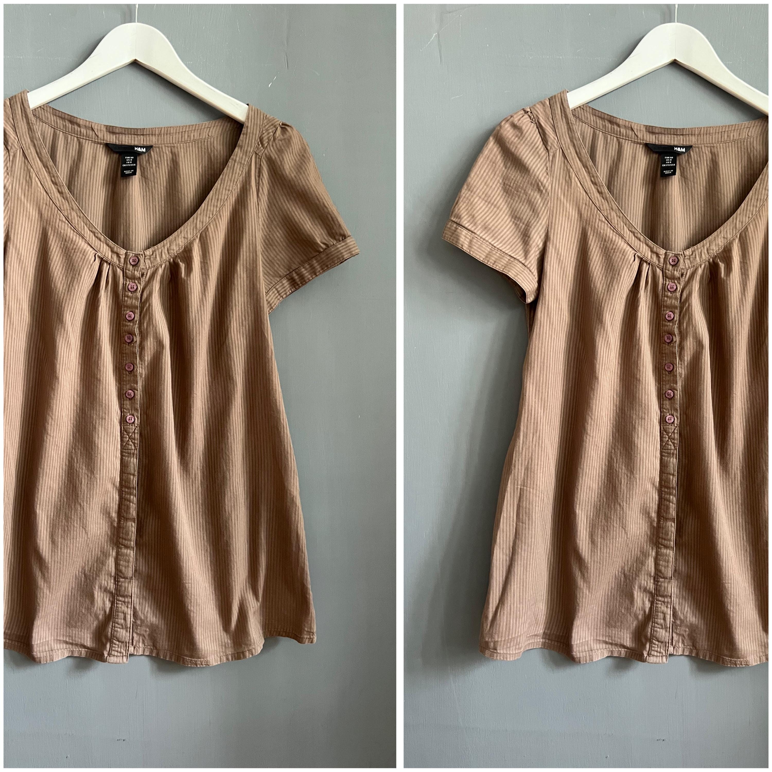 Vtg Y2K 2000's H&M Summer Blouse Striped Cocoa Brown Cotton Ladies