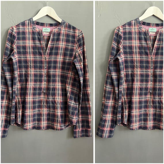 Replay, Vintage Replay Half-Buttoned Blouse Checkered Blue Pink White Ladies Shirt Casual M-L