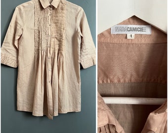 Vintage NARA CAMICIE Linen Blouse Beige Collared Button Up 3/4 Sleeve Frilled Pleated Elongated Top Light Breathable Summer Tunic Size S