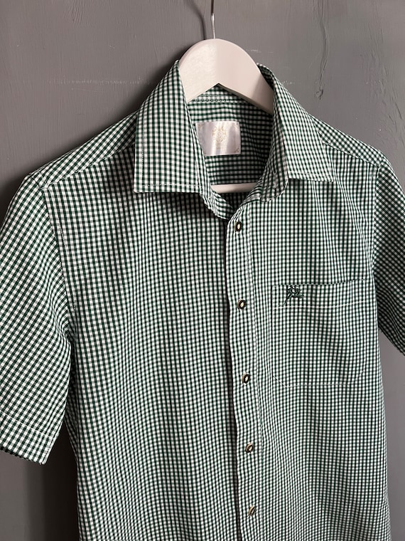 Vtg Alpin de Luxe Trachten Men's Shirt Cotton Blend White and Green Checkered Chest Pocket Button Up Short Sleeve Peasant Bavarian Dirndl S