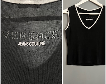 Vtg Versace Jeans Couture Women’s Crop Top Black White Knitted Viscose Cotton Blend Blouse Embroidered Logo Sleeveless Deep V-Neck Size M