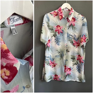 VTG Up Town blouse met zoete bloemenprint Pastelroze groen blauw viscose damesshirt met kraag en knoopsluiting mouw oma L
