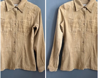 Vtg Sweet Corduroy Blouse Camel Viscose Ladies Shirt Collared Button Up Two Patch Chest Pockets Slim Fit Top Made in Italy Camel Retro Sz M