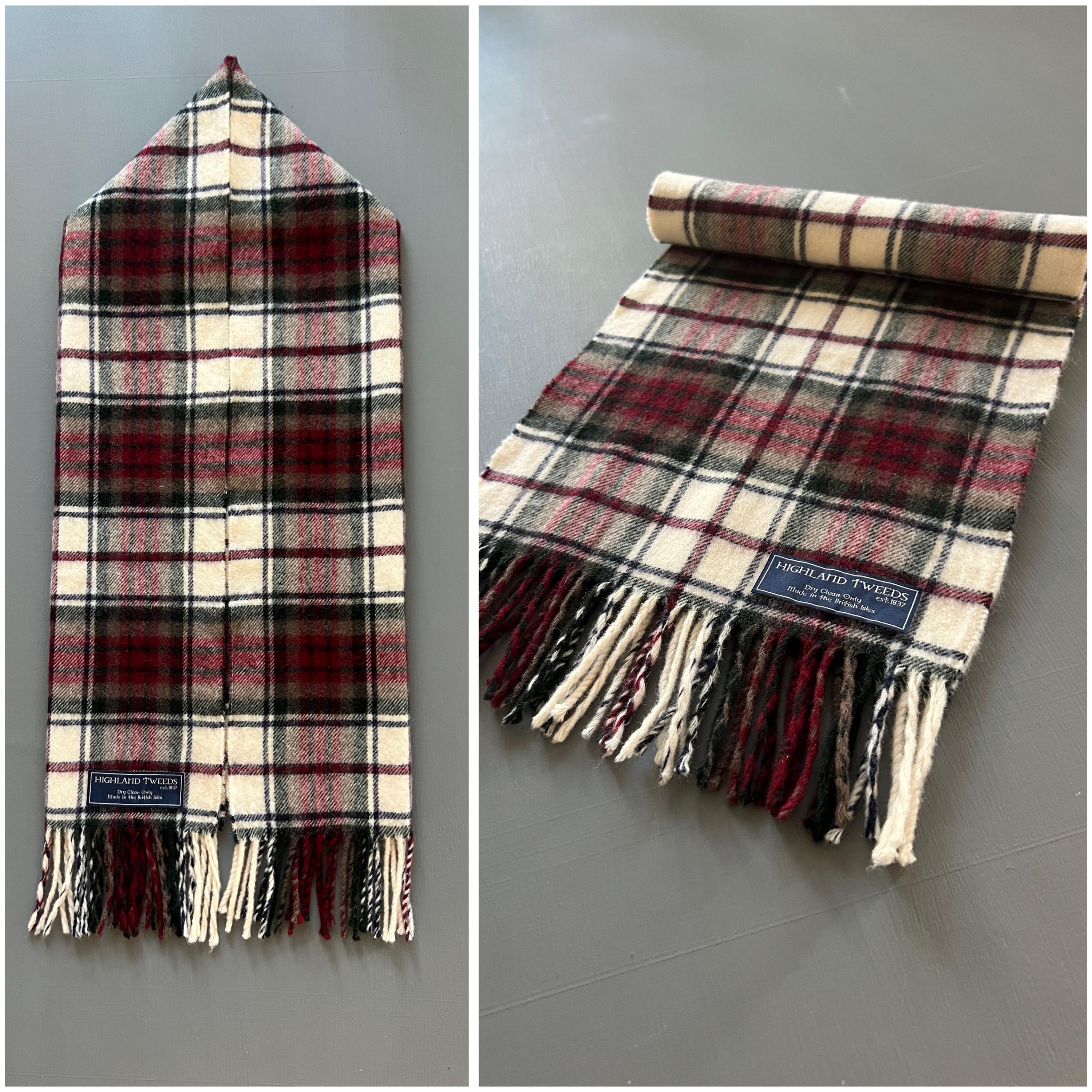 Vtg Highland Tweeds Sweet Scarf Checkered Burgundy White Khaki