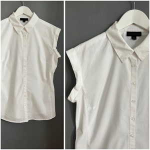 VTG Worthington Bluse Weiß Baumwollmischung Damen Shirt Kragen Ärmellos Gürtelschlaufen Button Up Top Sommer Atmungsaktiv Minimalistisch Lässig L