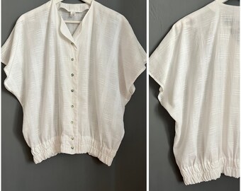 Vintage Bat Banded Hem Blouse White Cotton Blend Women’s Shirt Checkered Transparent Breathable Buttoned Retro Vibe Feminine Summer Size M-L