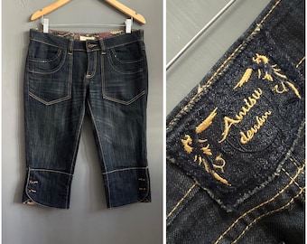 Pantalones capri vaqueros estilo vintage Y2K de los años 2000, lavado oscuro, costuras en contraste, talla 29.