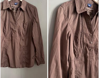 Vtg Half-buttoned Blouse Chocolate Brown Cotton Ladies Shirt