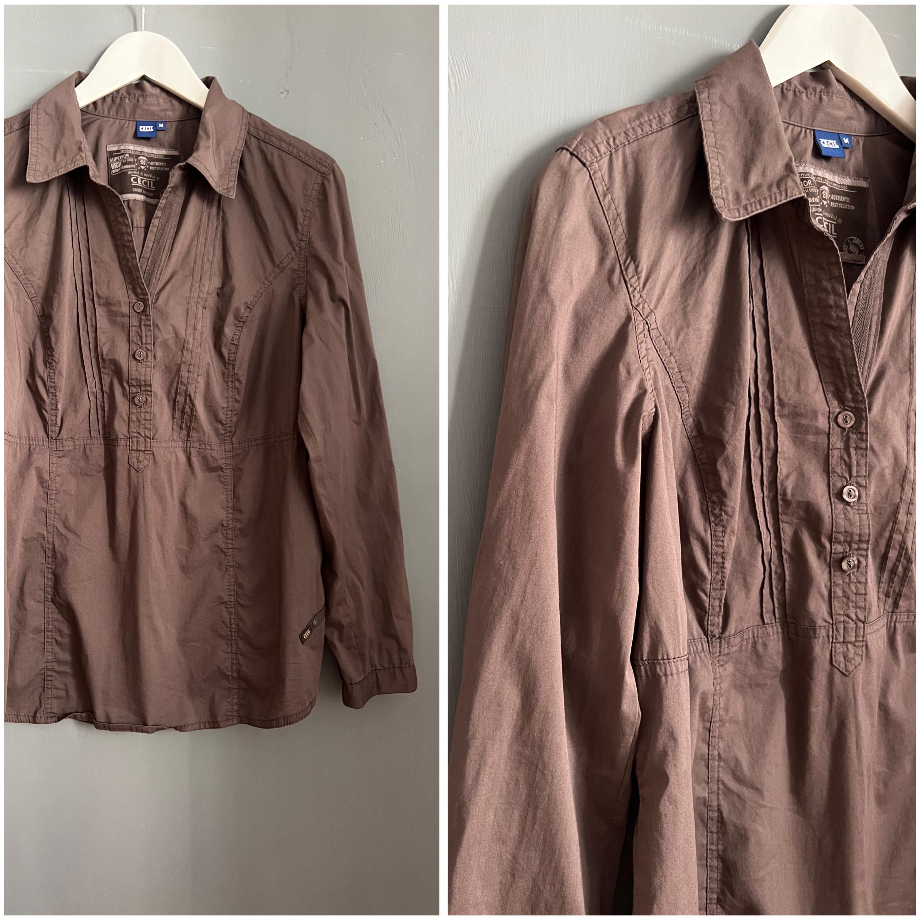 Vtg Half-buttoned Blouse Chocolate Brown Cotton Ladies Shirt