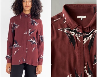 GANNI Montrose Crepe Blouse, Burgundy Black White Floral Print Shirt, Fold-over Collar Covered-button Placket Front Patch Pocket Top, 40/ L