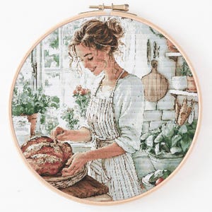 Baking Cross Stitch Pattern PDF Decoration Instant Download Sourdough Bread Maker Stitch Chart Girl X Stitch Punto de Cruz Digital File