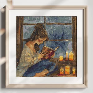 Woman Reading Cross Stitch Pattern PDF Modern Decoration Instant Download Book Lover Cross Stitch Chart Girl Punto de Cruz File Rainy Day