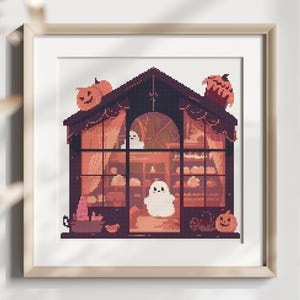 Halloween Bakery Cross Stitch Pattern PDF, Spooky Pumpkin Ghost Embroidery, Haunted House Xstitch Wall Art, Instant Download Design Spooky