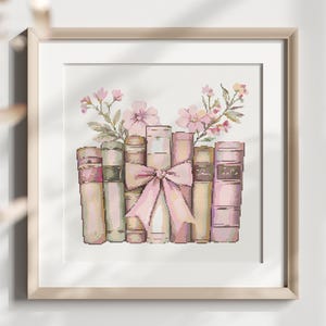 Vintage Floral Books Cross Stitch Pattern PDF Modern Decoration Instant Download Book With Bow Lover Cross Stitch Chart Girl Punto de Cruz