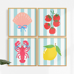 Mediterranean Kitchen and Coastal Cross Stitch Pattern Bundle 4 Nautical and Food PDF Designs Lobster, Lemon, Seashell, Tomato Digital PDF