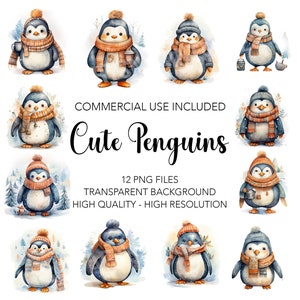 Cute Penguins Clipart  - 12 High Quality Transparent Background PNGs - Digital Download - Card Making, Mixed Media, Digital Paper Craft