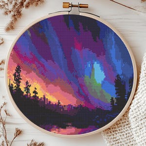 Northern Lights Cross Stitch Pattern PDF, Aurora Borealis Landscape Design, Colorful Forest Sunset Modern Xstitch, Instant Embroidery PDF