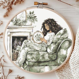 Embroidery Girl Cross Stitch Pattern PDF Instant Download Sewing cross pattern Punto de cruz Modern Cross stitch Cozy At Home Wall Art